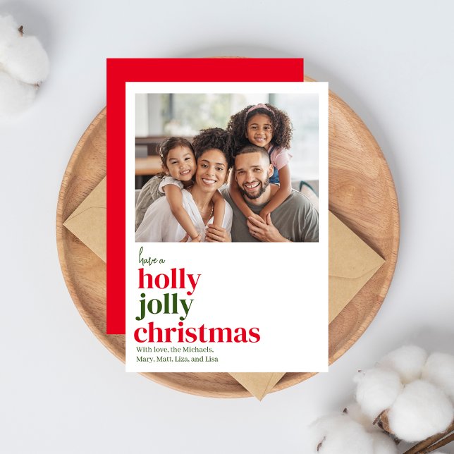 Carte de Noël Moderne Rouge et Vert 1 photo  (Have a Holly Jolly Christmas Photo greeting card. )