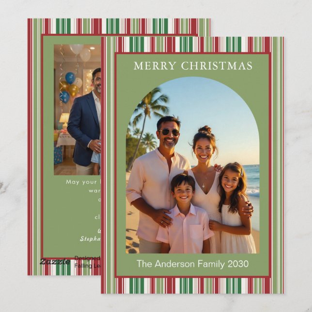Carte de Noël Moderne Rouge Vert Rayée 2 Arcs Phot (Devant / Derrière)