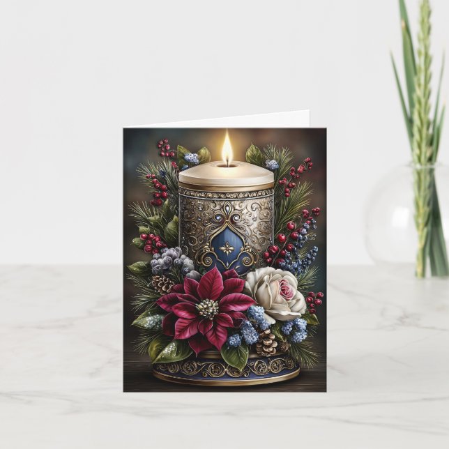 Carte de Noël moderne rustique florale avec bougie (Devant)