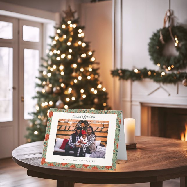 Carte de Noël moderne Sage Green Poinsettia (Poinsettia Season Folded Photo Christmas Card sage green)