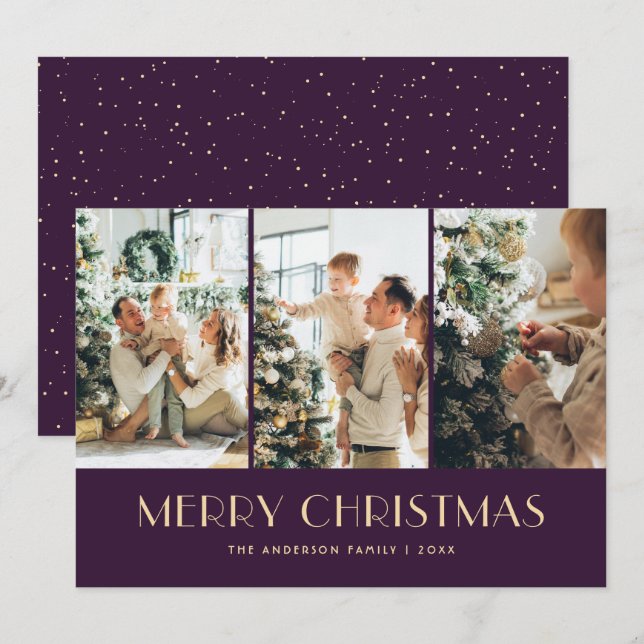 Carte de Noël moderne violette avec collage de pho (Devant / Derrière)