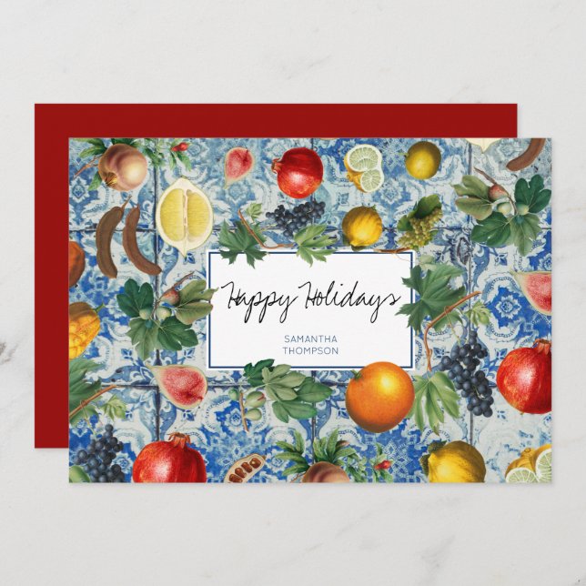 Carte de Noël Mosaïque Bleue Fruit Méditerranée (Devant / Derrière)