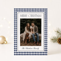 Carte de Noël Navy Blue Harlequin avec une photo