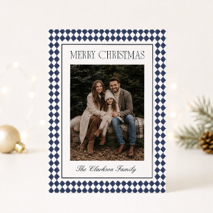 Carte de Noël Navy Blue Harlequin avec une photo