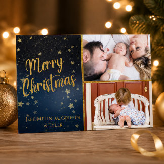 Carte de Noël Navy Gold Two Photo