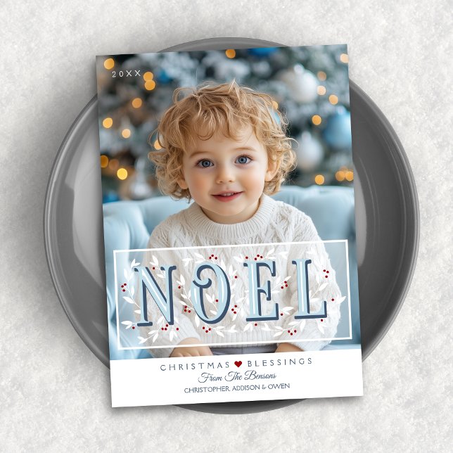 Carte de Noël Noel Overlay Bleu Blanc (Shown on a 5" x 7" card)