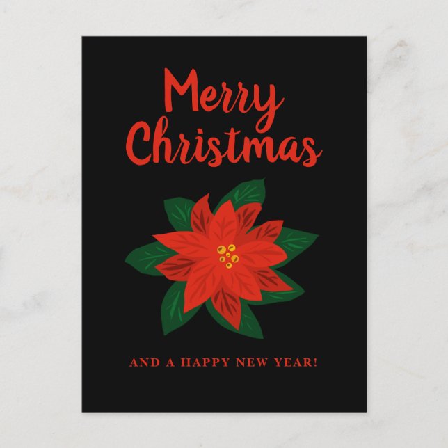 Carte de Noël noire avec fleur de poinsettia rouge (Devant)