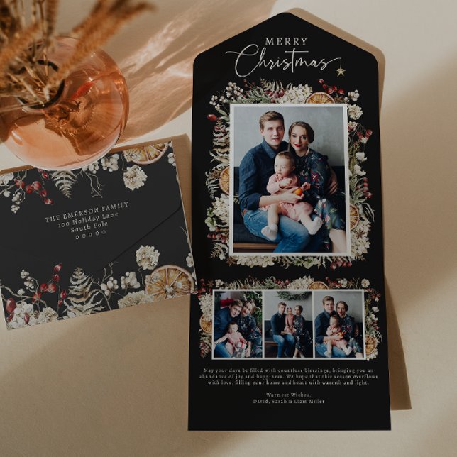 Carte de Noël noire pliée en trois (Black Boho Botanical Trifold Merry Christmas Send and Seal Holiday Photo Collage Card
)