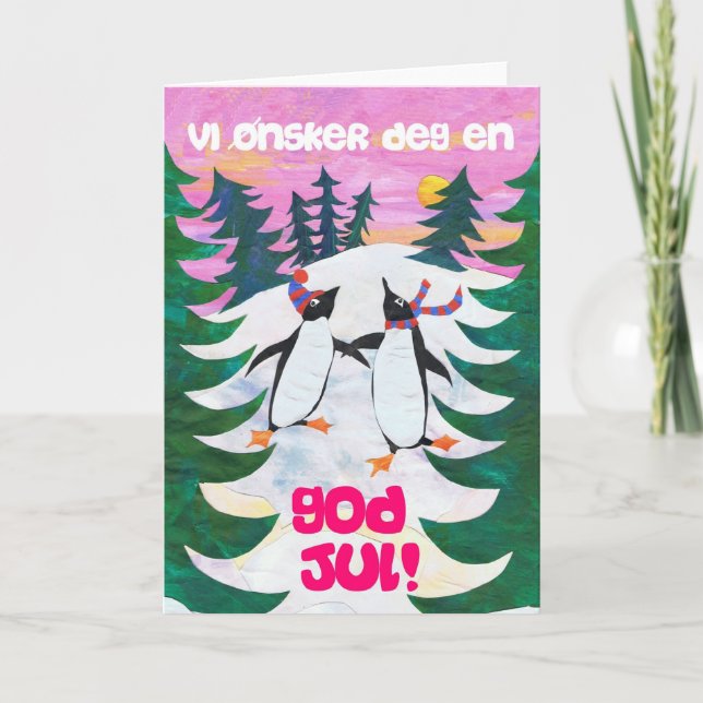 Carte de Noël norvégienne - pingouins de patinage (Devant)