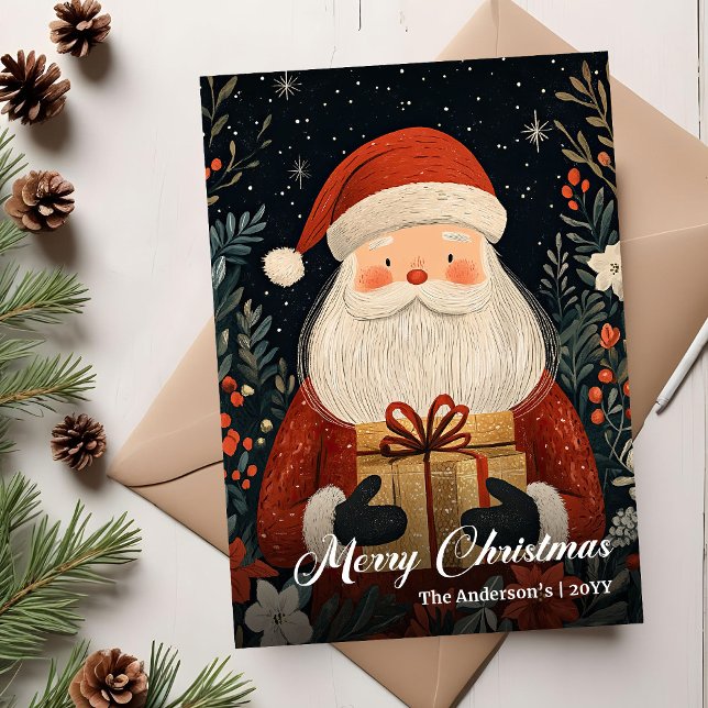 Carte de Noël nostalgique de Père Noël avec charme (Nostalgic Christmas Santa card elegant folk charm)