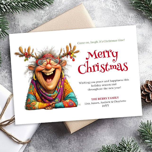 Carte de Noël numérique personnalisable Funny Lady (Funny Lady Christmas Card Digital Custom Design)