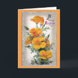 Carte de Noël orange ancienne<br><div class="desc">Cette carte de Noël présente une belle image d'art vintage de l'époque victorienne d'un bouquet de fleurs orange vif contre un arrière - plan blanc et argenté. Le devant dit "Un joyeux Noël". Le texte intérieur est entièrement personnalisable, vous pouvez donc laisser tel quel ou le modifier pour dire ce...</div>
