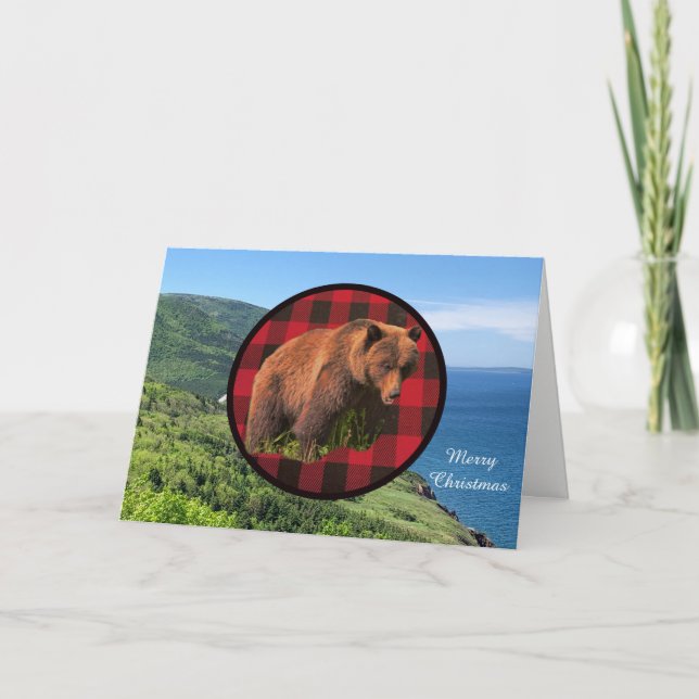 Carte de Noël Ourson Brun Plaid de Buffalo Bois (Devant)