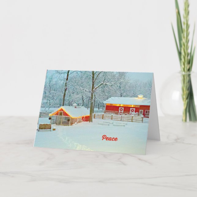 Carte de Noël Paix avec une scène de ferme neigeus (Devant)