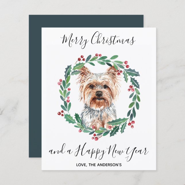 Carte de Noël pas chère avec chien Terrier Yorkshi (Devant / Derrière)