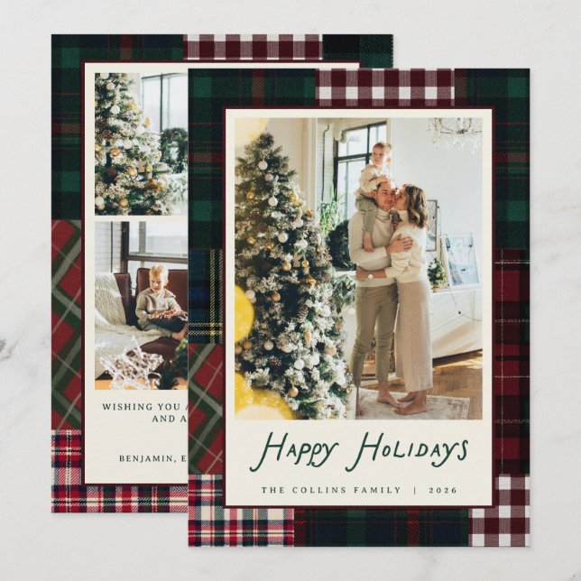 Carte de Noël patchwork avec photo de famille (Devant / Derrière)