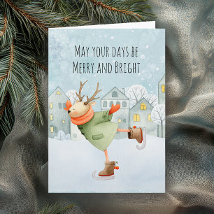 Carte de Noël patinage cerf joyeuse et lumineuse