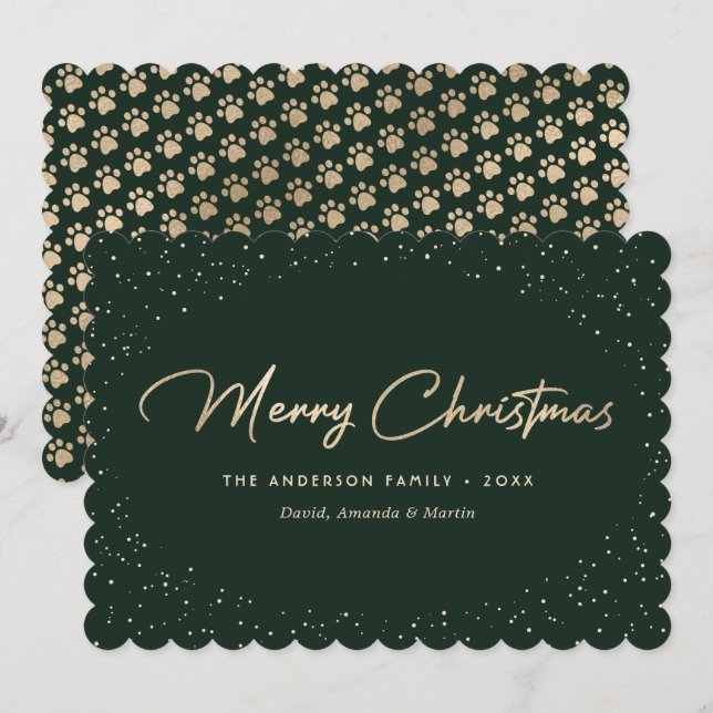 Carte de Noël Patte de Chat en Or Vert (Devant / Derrière)