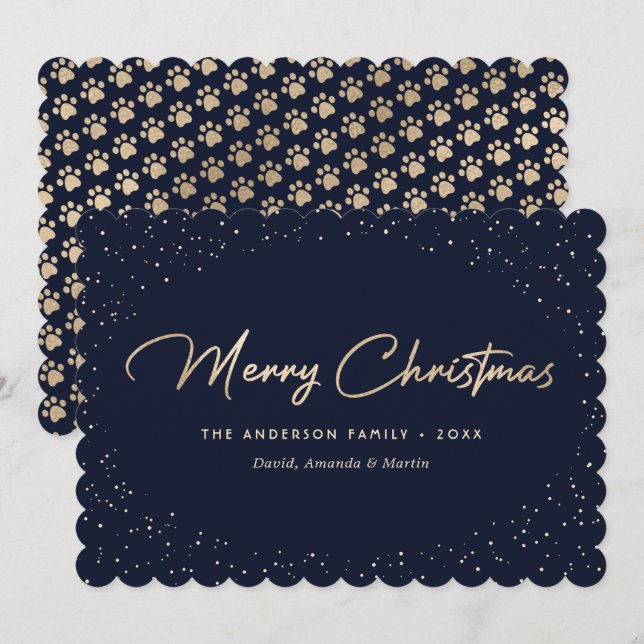 Carte de Noël Pattes de Chat Or Bleu (Devant / Derrière)