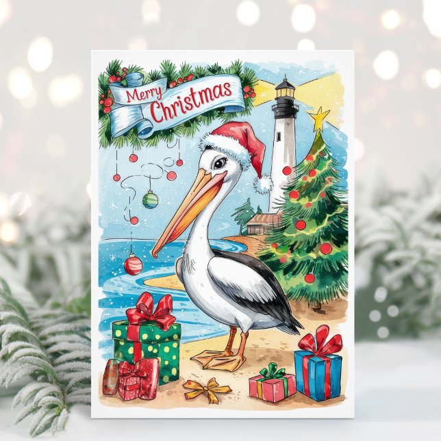 Carte de Noël Pélican Côté Océan Aquarelle (Créateur téléchargé)