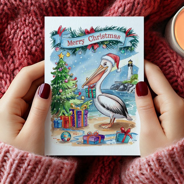 Carte de Noël Pélican Watercolor Beach (Watercolor Beach Pelican Christmas Card)