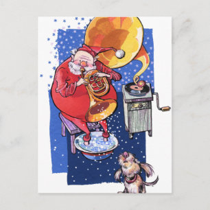 Carte de Noël. Père Noël joue de la musique.