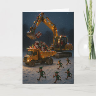 Carte de Noël Père Noël, lutins, pelleteuse, 