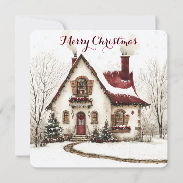 Carte de Noël personnalisable avec maison à l'aqua (Devant)