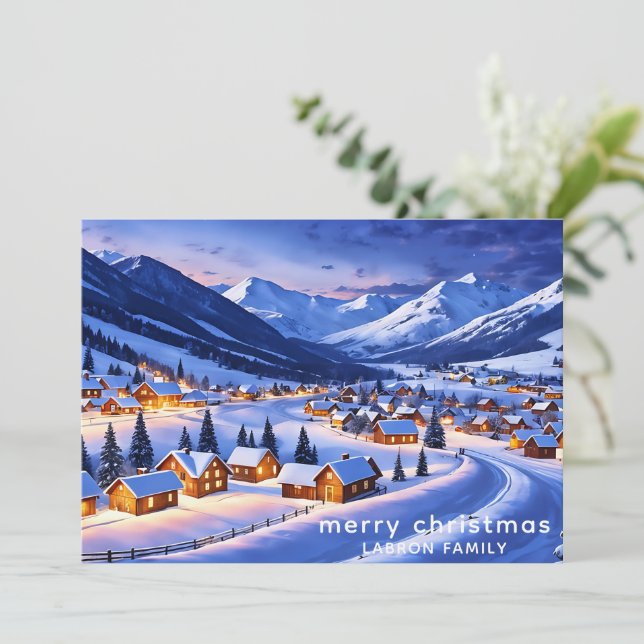 Carte de Noël personnalisable, Village nordique en (Debout devant)