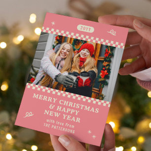 Carte de Noël personnalisée avec photo rose rétro