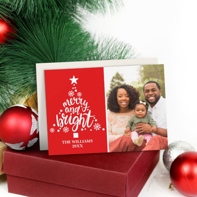 Carte de Noël personnalisée avec photo rouge moder (Modern Red Merry & Bright Custom Photo Holiday Card
)