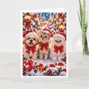 Carte de Noël personnalisée Chien et Deux Chats Fê