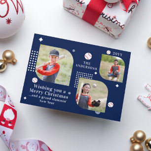 Carte de Noël personnalisée de baseball Navy avec