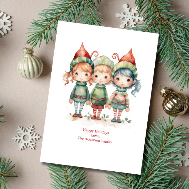 Carte de Noël personnalisée Elfes Fêtes de fin d'a (Three Whimsical Watercolor Elves Christmas Holiday Card. Printed or Digital Instant download)