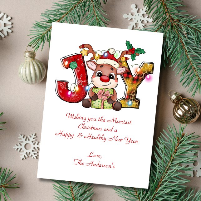 Carte de Noël personnalisée Joie Reindeer (Joy with Reindeer Personalized Christmas Card. Add your wording. Printed or Digital instant download)