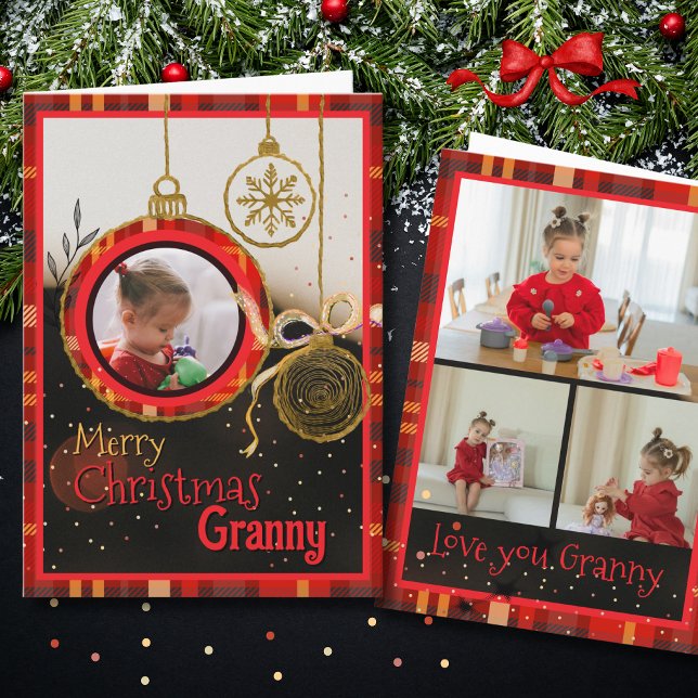Carte de Noël personnalisée pour grand-mère | Carr (Custom Granny Christmas Photo Card | Red Plaid)