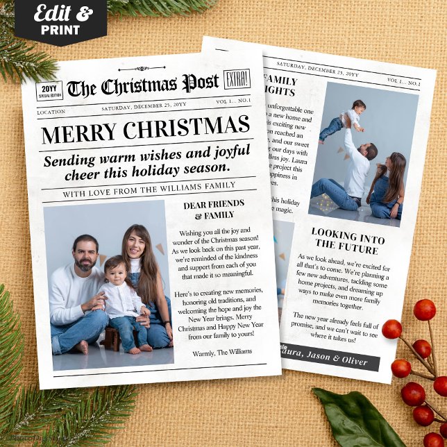 Carte de Noël personnalisée sous forme de journal  (Custom Christmas Newspaper Card, Christmas Photo Holiday Card)
