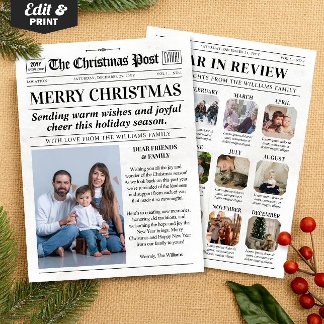 Carte de Noël personnalisée sous forme de journal, (Custom Christmas Newspaper Card, Year in Review Holiday Card)