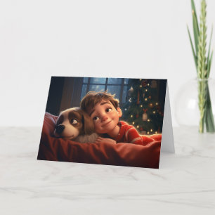 Carte de Noël petit garçon et chiot
