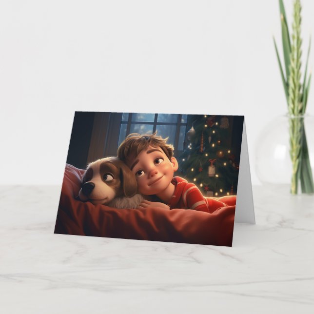 Carte de Noël petit garçon et chiot (Devant)