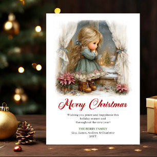 Carte de Noël Petite Fille Mignonne Scène Hivernal