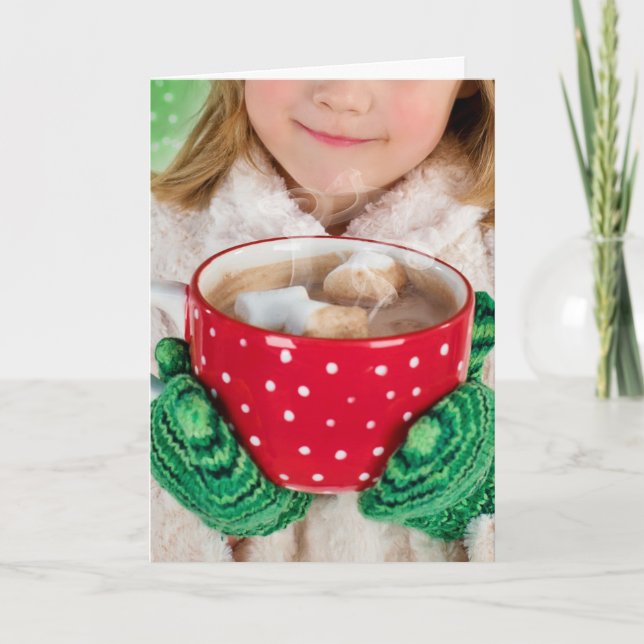 Carte de Noël petite fille tasse de cacao chaud  (Devant)