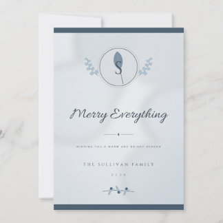 Carte de Noël photo 1 Monogramme Laurier Bleu Pous