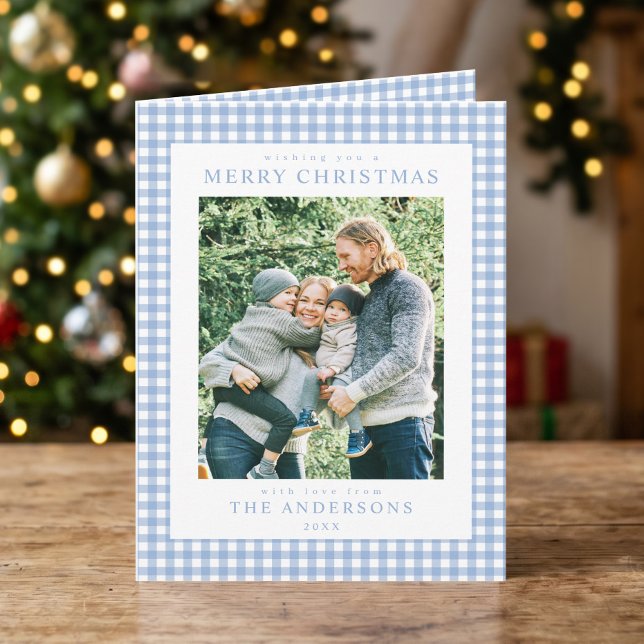 Carte de Noël photo à carreaux bleus (Créateur téléchargé)
