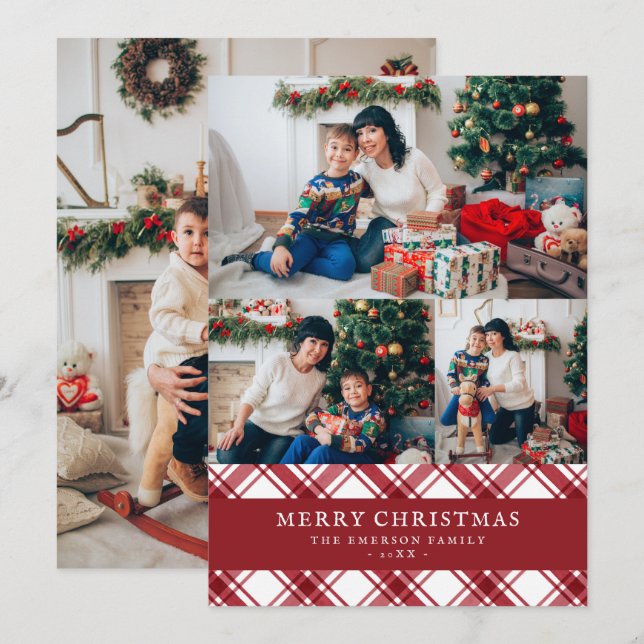 Carte de Noël photo à carreaux rouges (Devant / Derrière)