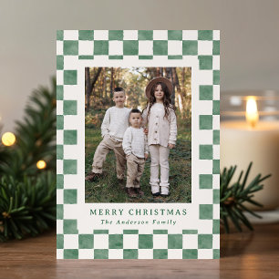 Carte de Noël photo à carreaux verts et crème aqua