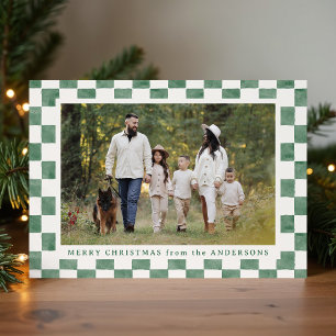 Carte de Noël photo à carreaux verts et crème aqua