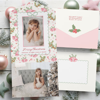 Carte de Noël photo à nœud papillon rose/vert Coqu