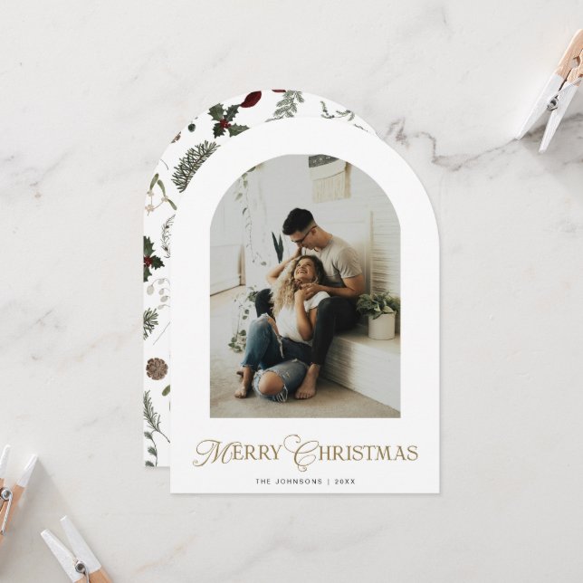 Carte de Noël photo à travers une arche botanique (Devant/Arrière en situation)