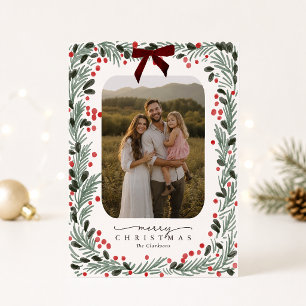 Carte de Noël photo aquarelle de verdure et ruban